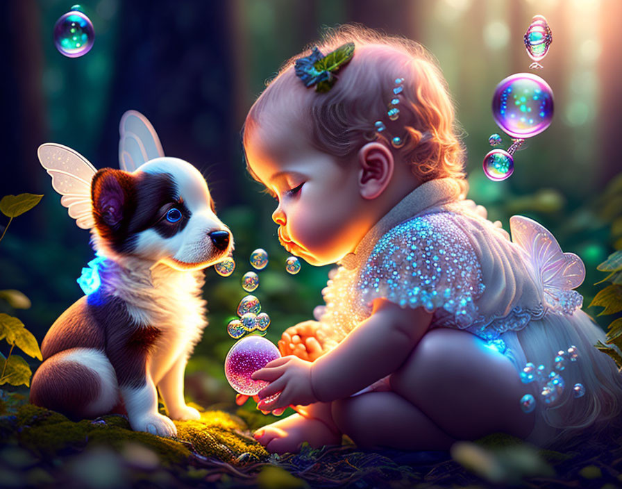 Baby with fairy wings and corgi puppy in enchanted forest with glowing bubbles