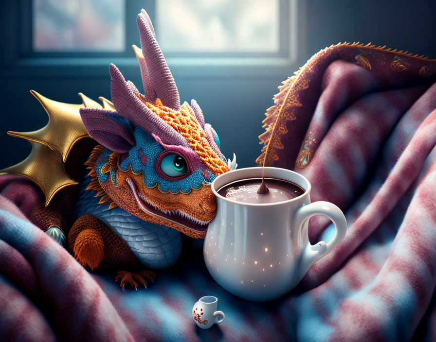 Colorful Animated Dragon Snuggles in Plaid Blanket with Hot Cocoa Cup