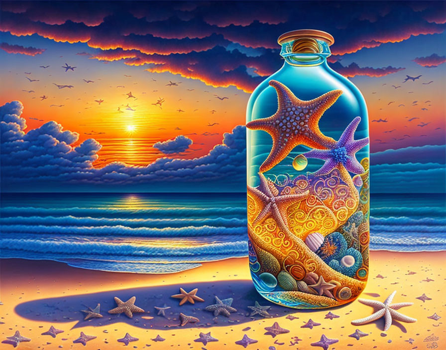 Translucent blue bottle with starfishes on beach sunset backdrop