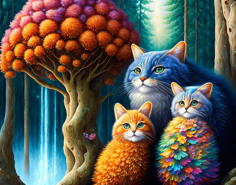 Colorful painting featuring three whimsical cats, magical orange tree, and waterfall