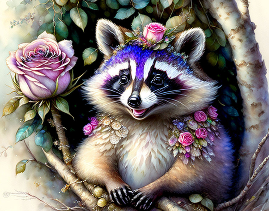 Whimsical raccoon with pink roses and jewels against tree and foliage