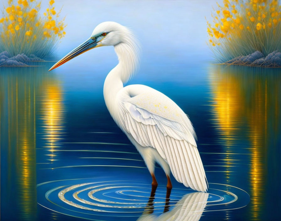 Graceful great egret in tranquil blue waters with reflection, yellow blossoms, and blue mist.