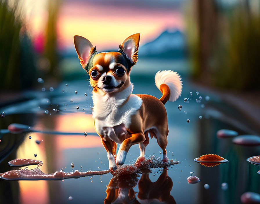 Chihuahua Dog Walking on Water at Sunset with Lily Pads