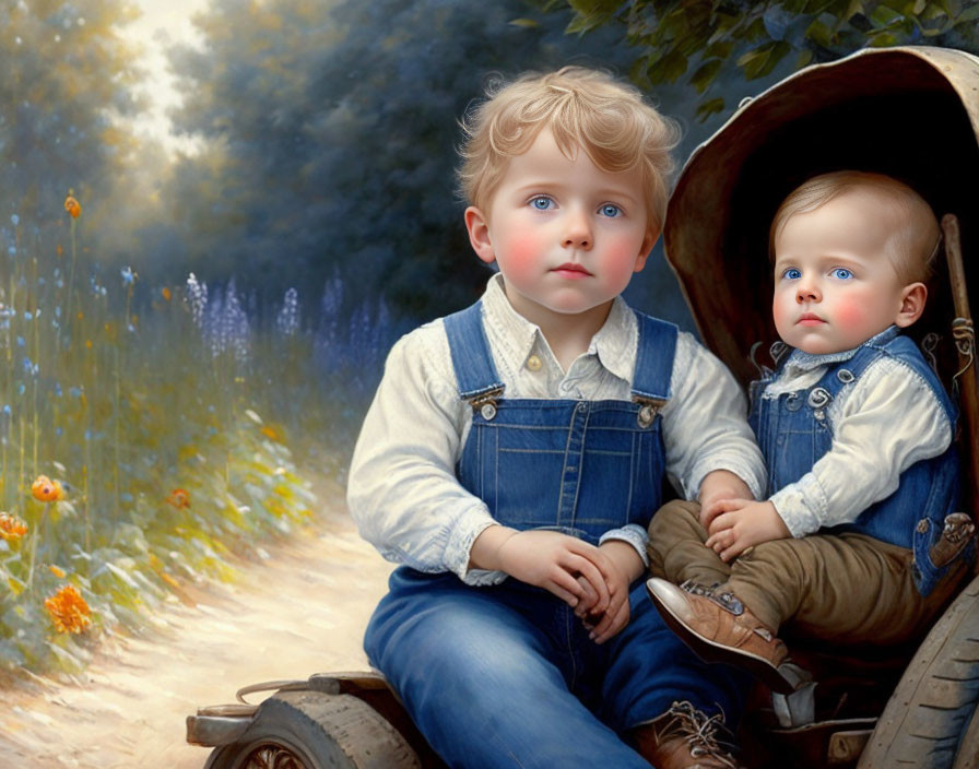 Children in denim overalls by rustic wagon in woodland clearing with soft sunlight