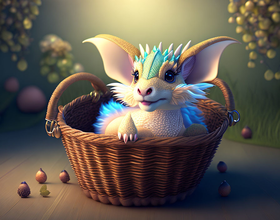 Blue and White Dragon in Wicker Basket with Acorns and Soft Lighting