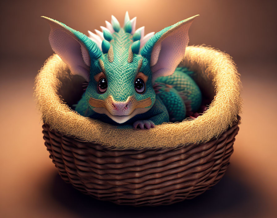 Whimsical dragon with multicolored scales in a basket