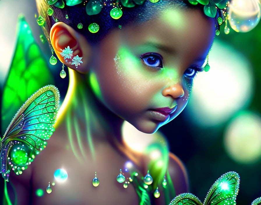 Child with fairy-like features and green wings in dark enchanted setting