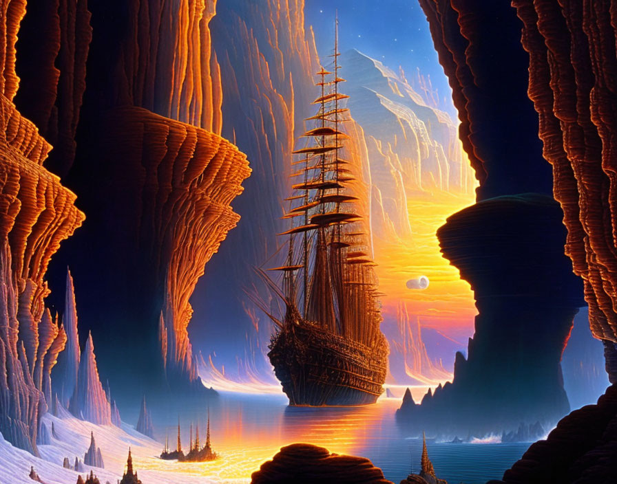 Majestic tall ship in mystical orange-lit canyon with multiple moons