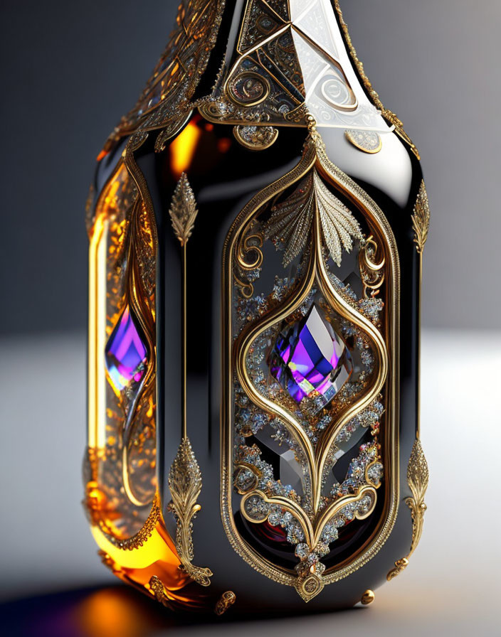 Intricate Gold and Gemstone Embellished Bottle on Reflective Surface