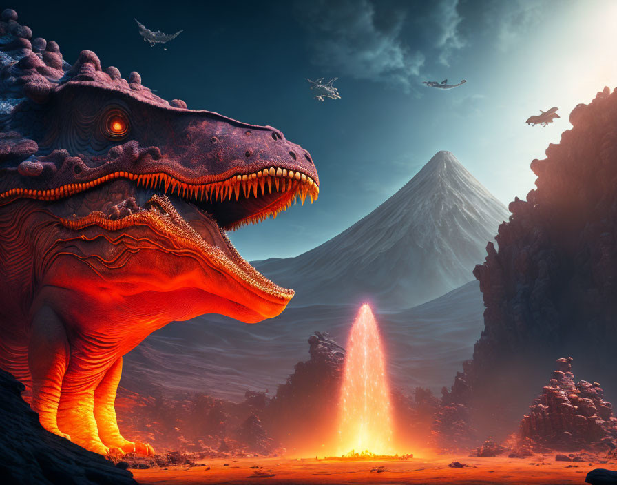 Detailed digital artwork: towering dinosaur roaring with volcanic eruption, flying reptiles, dramatic sky, and mountain