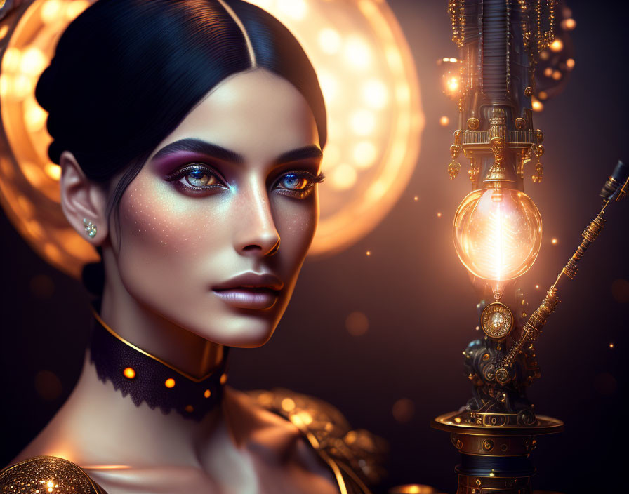 Futuristic steampunk-inspired digital artwork of a woman with luminescent makeup