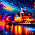 Colorful Twilight Scene: Large House by Lakeside with Autumn Trees