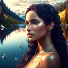 Digital artwork: Woman with long wavy hair and floral adornment by tranquil mountain lake