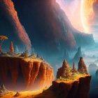 Alien landscape with red rock formations and mushroom-like structures