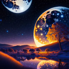 Surreal landscape with vibrant night sky, moons, glowing tree, and water reflections