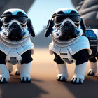 Two pugs in Stormtrooper costumes standing in sci-fi setting