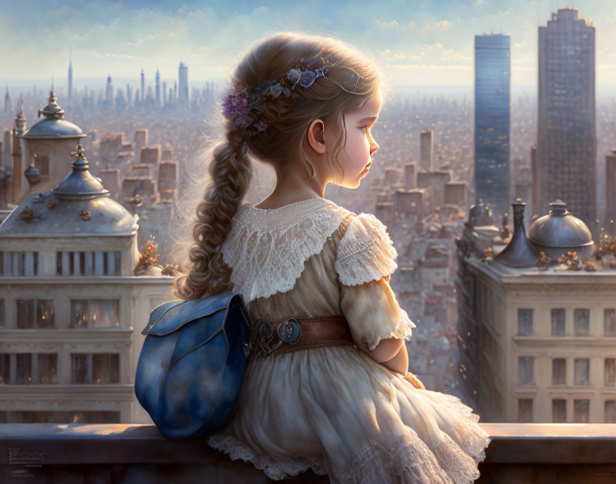 Young girl with braided hairstyle and flower crown holding a dog on balcony overlooking cityscape.