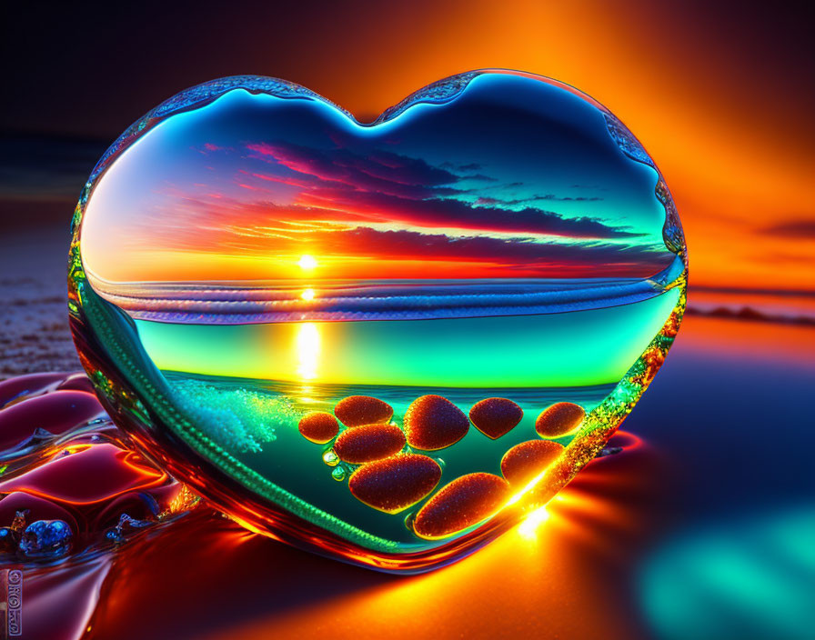 Heart-shaped glass object reflecting vibrant sunset over water with blue to orange gradient and bubbles.