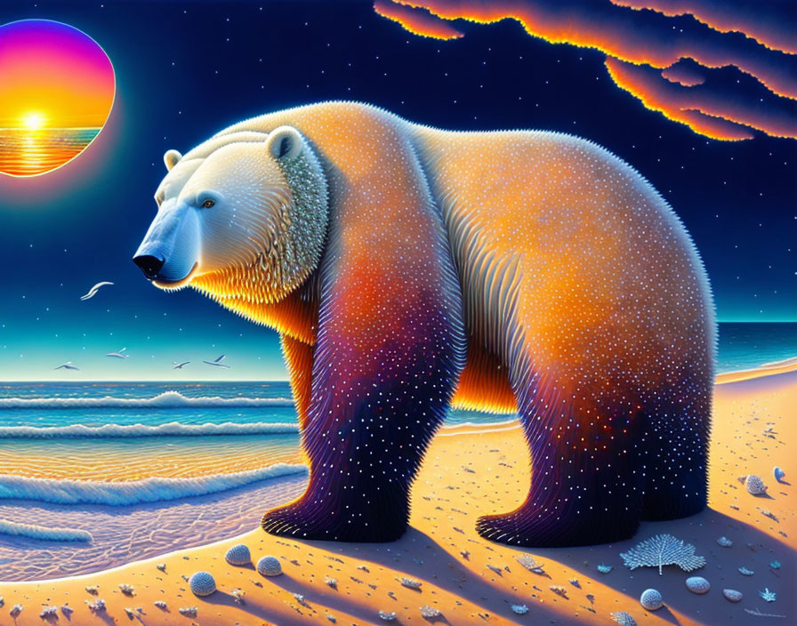 Colorful sunset beach scene with polar bear illustration