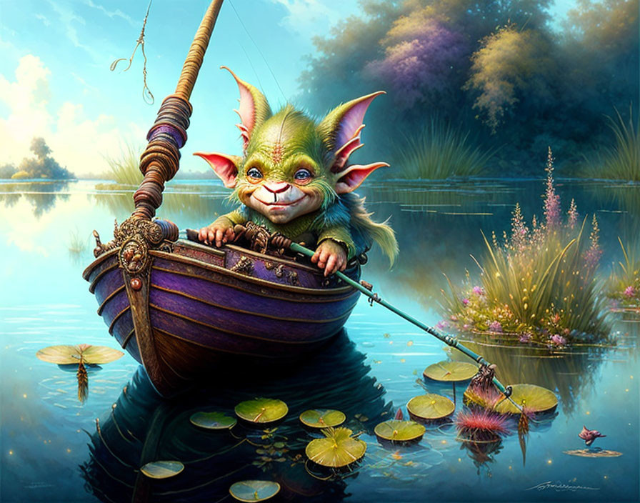 Whimsical green elf-like creature fishing in a wooden boat on a serene pond