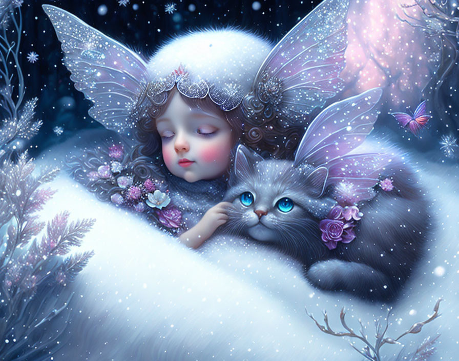 Child with Butterfly Wings and Winged Cat in Snowy Fantasy Scene