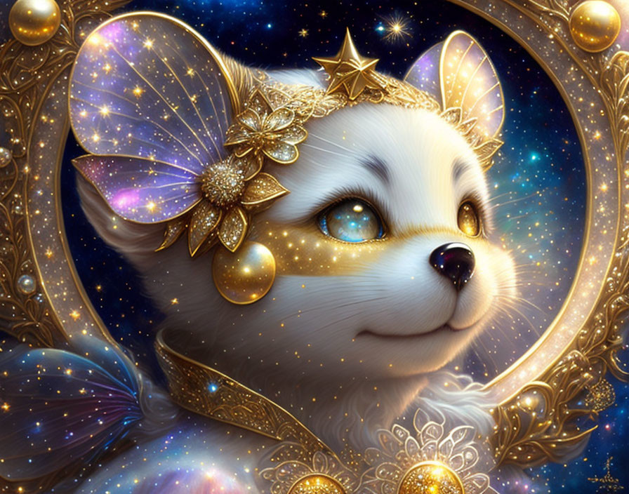 Celestial white fox with blue eyes and golden accessories in ornate frame