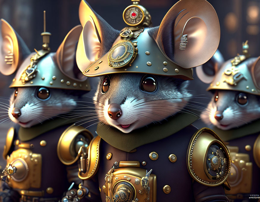 Three anthropomorphic mice in steampunk armor with intricate metallic details and helmets against a blurred background