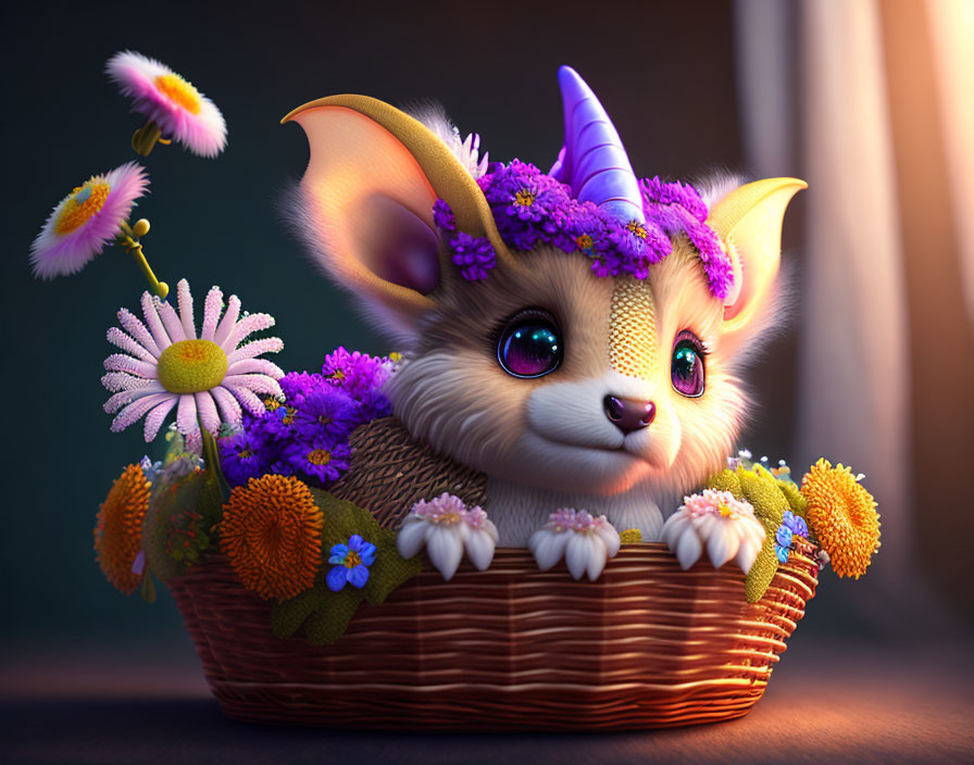 Whimsical creature with unicorn horn in basket with flowers