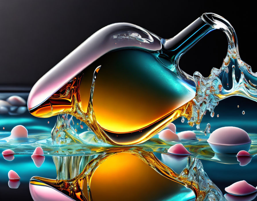 Vibrant digital art: surreal liquid splash, tilted vessel, reflective surfaces, floating capsules.