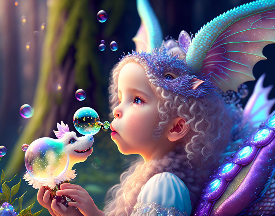 Young girl interacts with mythical dragon in magical forest setting.