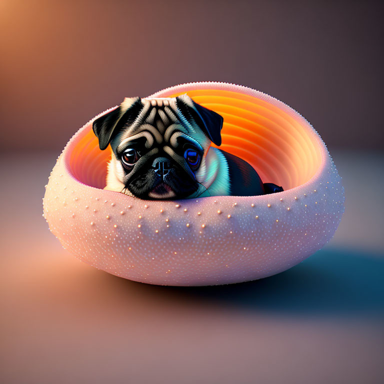 Pug sitting in colorful spherical cushion on gradient background