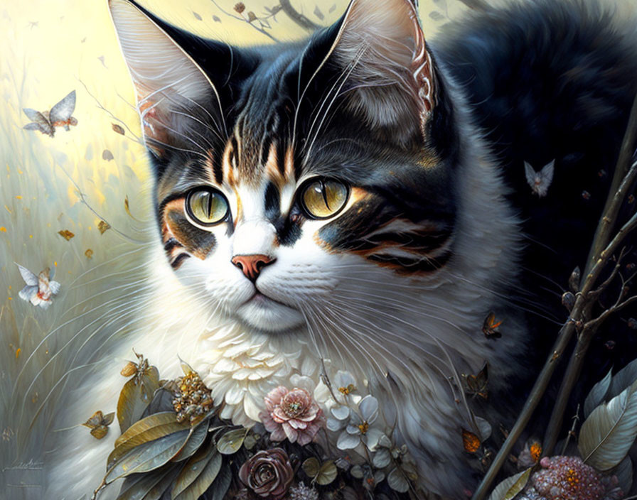 Calico Cat Painting with Vibrant Eyes, Butterflies, and Flowers