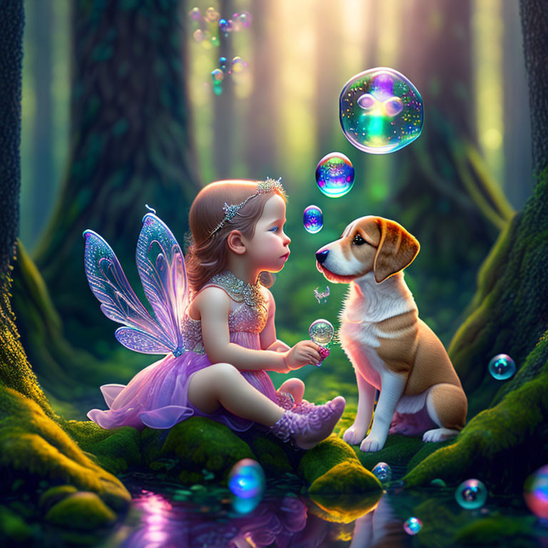 Young girl with fairy wings blows bubbles in enchanted forest with small dog amid glowing orbs