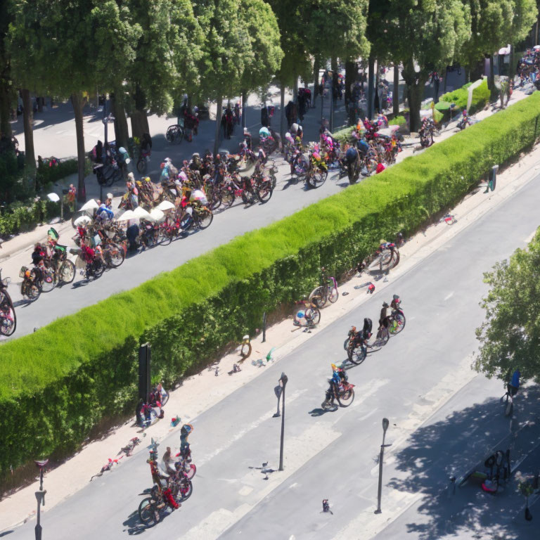 Colorful Cyclists Ride Through Busy Street with Green Trees