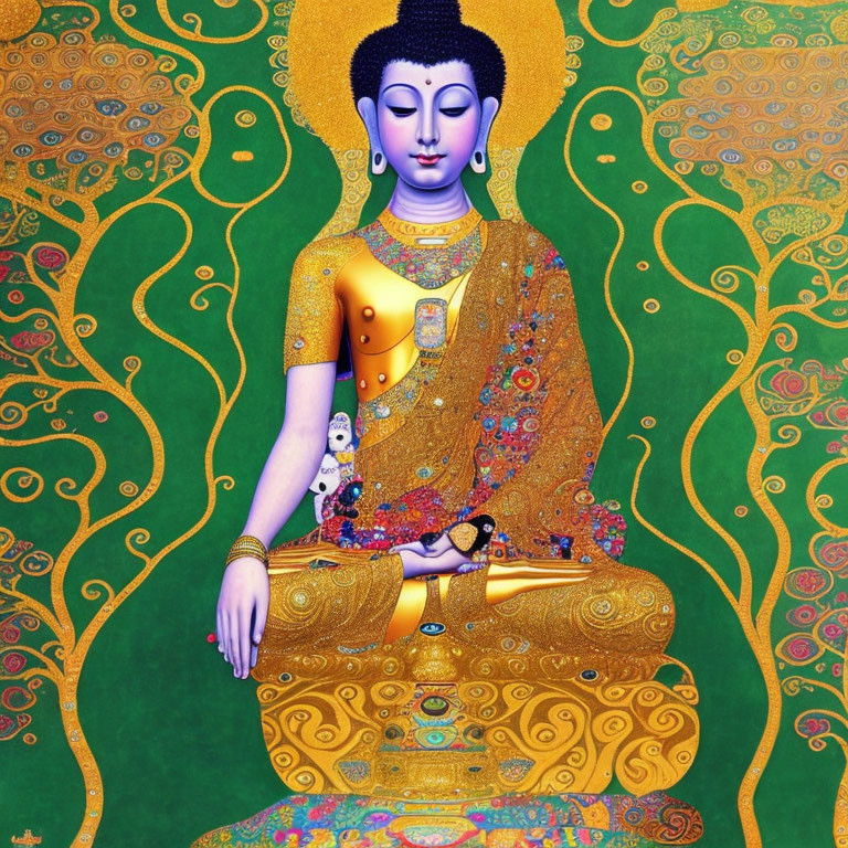 Seated meditating figure with blue skin and golden robe on green background