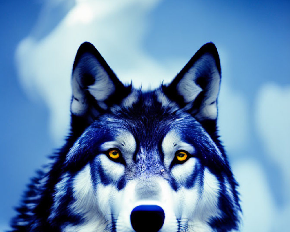 Detailed Close-Up of Wolf with Yellow Eyes on Soft Blue Background