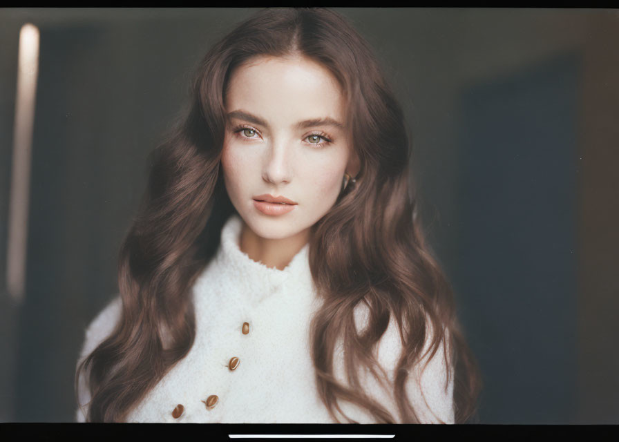 Woman with long wavy brown hair in white furry coat portrait