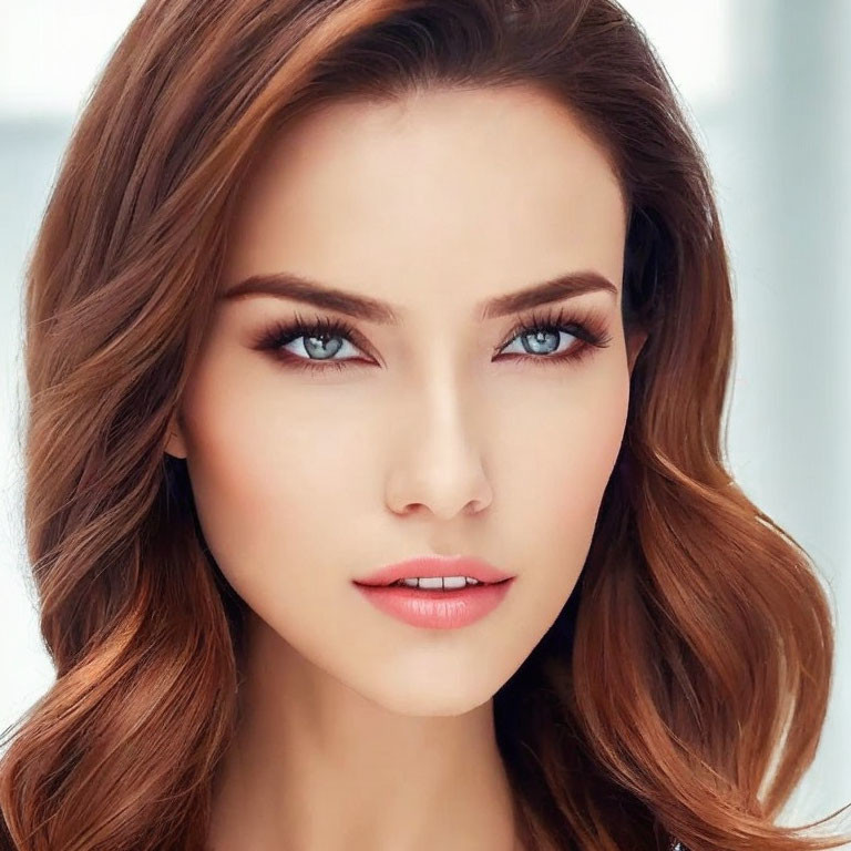 Portrait of Woman with Auburn Hair and Blue Eyes on Blurred Background