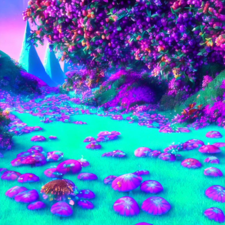 Colorful fantasy landscape with pink and purple flora, mushroom plants, and pastel mountains.