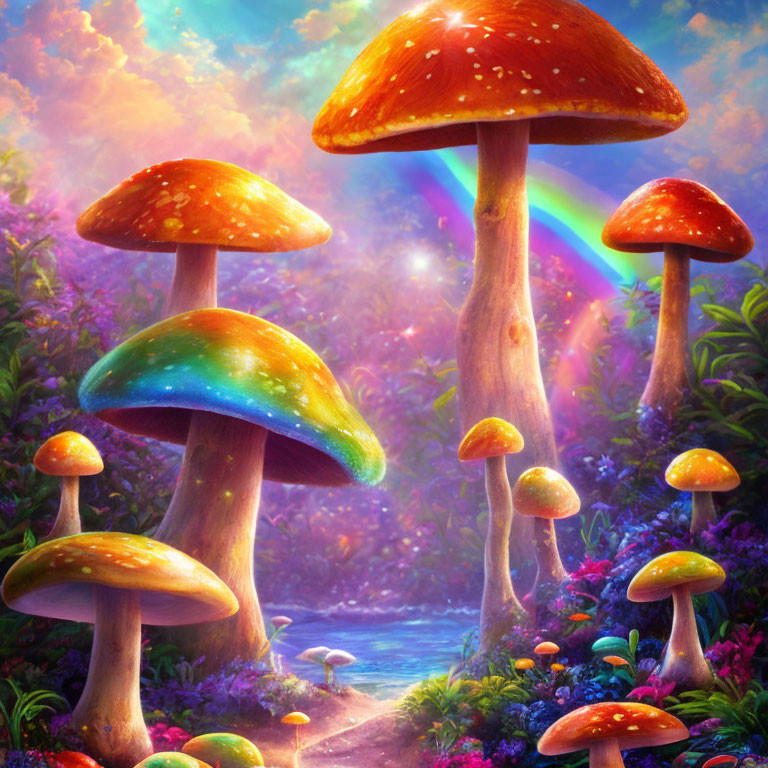 Colorful Mushroom Fantasy Landscape with River and Rainbow