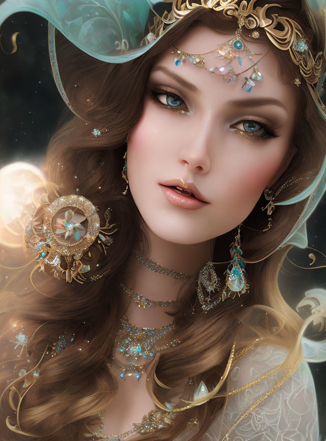 Elaborate fantasy portrait of woman with golden headpiece and jewelry