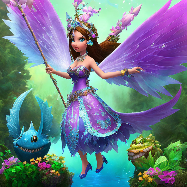 Whimsical fairy with purple wings in enchanted forest