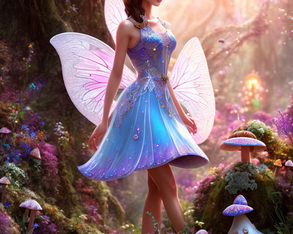 Digital artwork: Fairy with translucent wings and blue dress in magical forest.