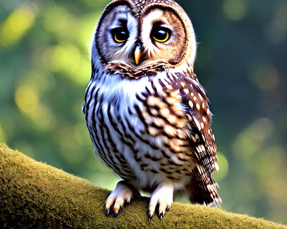 Detailed image of owl perched on mossy branch with intricate feather patterns and piercing eyes in bokeh