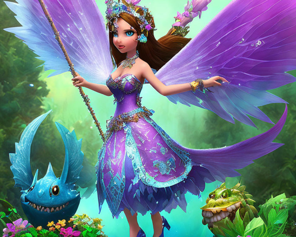 Whimsical fairy with purple wings in enchanted forest