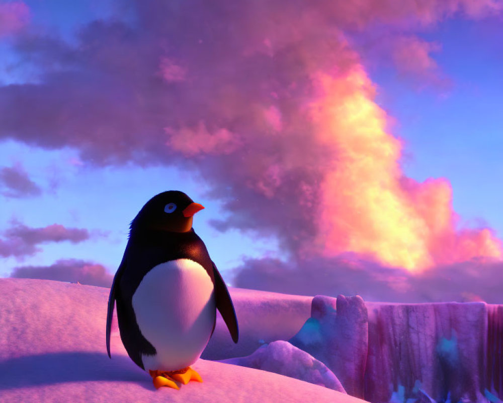 Penguin on Snowy Terrain with Purple and Pink Sky