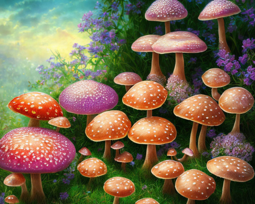 Fantasy mushroom grove with oversized red-spotted caps and purple flowers