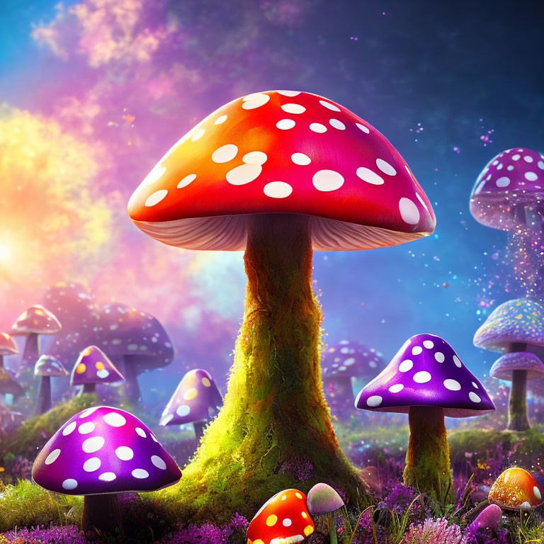 Colorful oversized mushrooms in vibrant fantasy landscape under purple sky