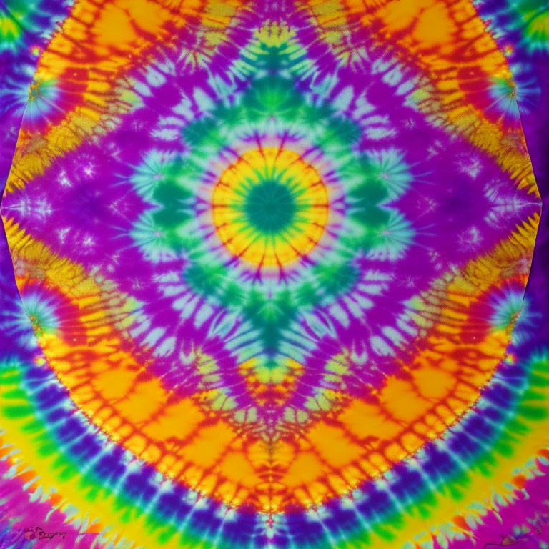 Colorful Psychedelic Tie-Dye Pattern with Central Burst in Yellow and Green