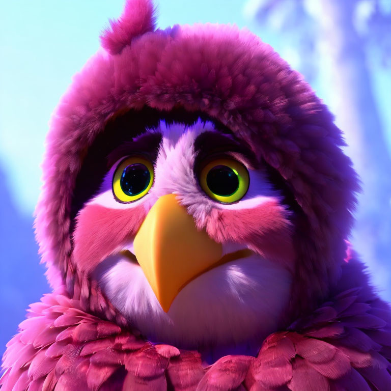 Cartoon owl with purple feathers and green eyes in forest setting